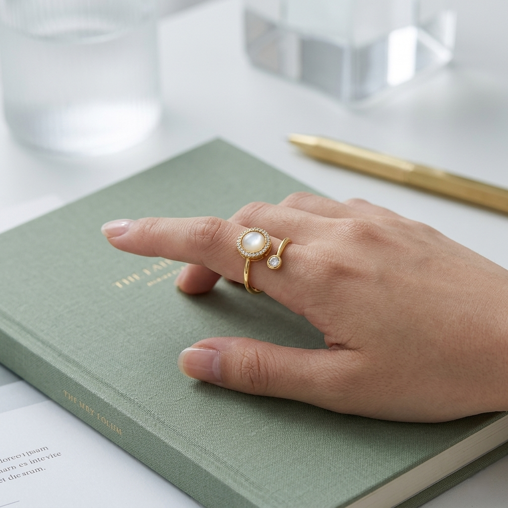 Elegant Alora pearl spinning ring being worn on a hand for calming focus.